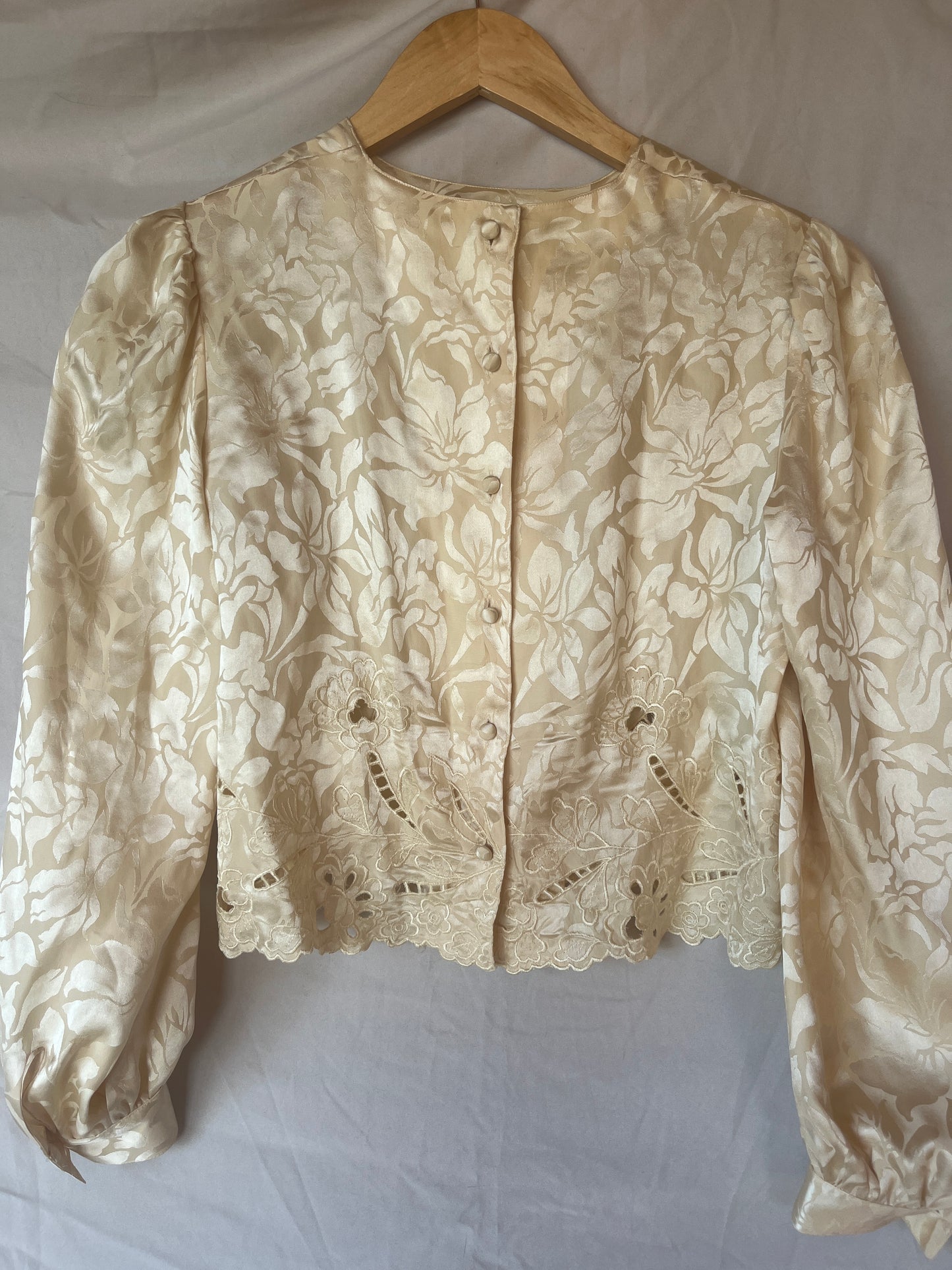 Vintage Floral Embroidered Silk Cream Blouse