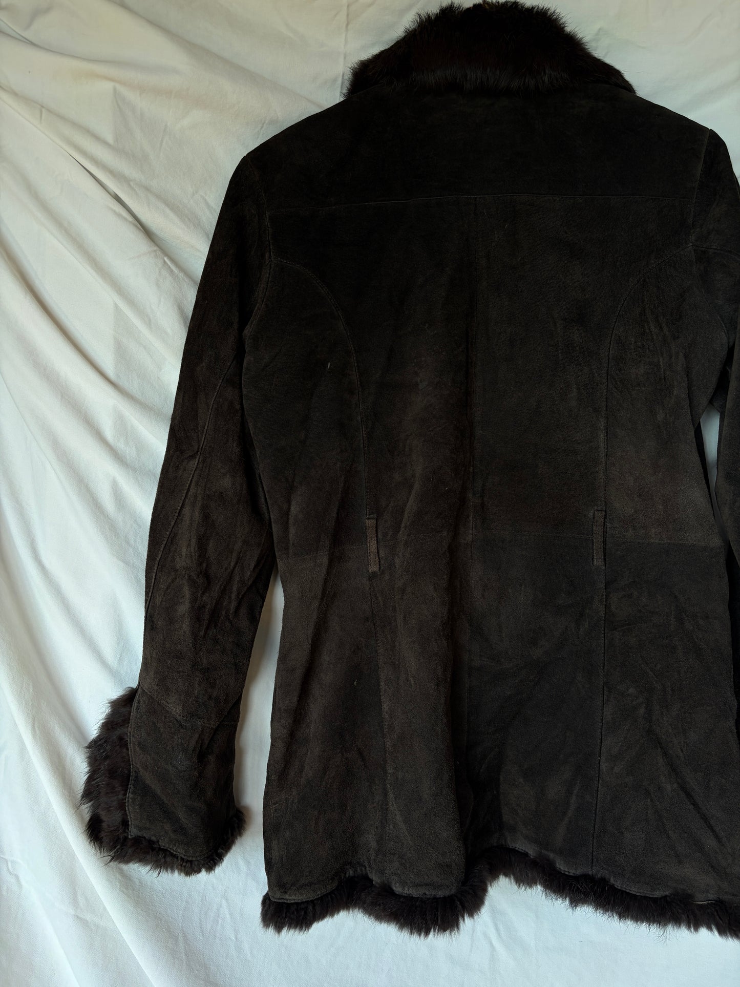 Vintage Espresso Suede Fur Trim Coat