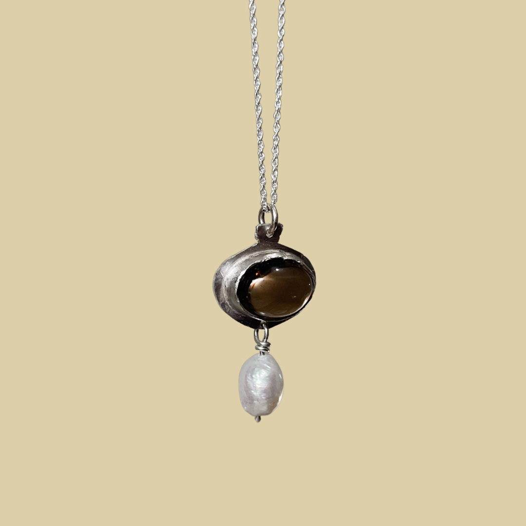 OOAK 9 | Smokey Quartz and Pearl Pendant Silver