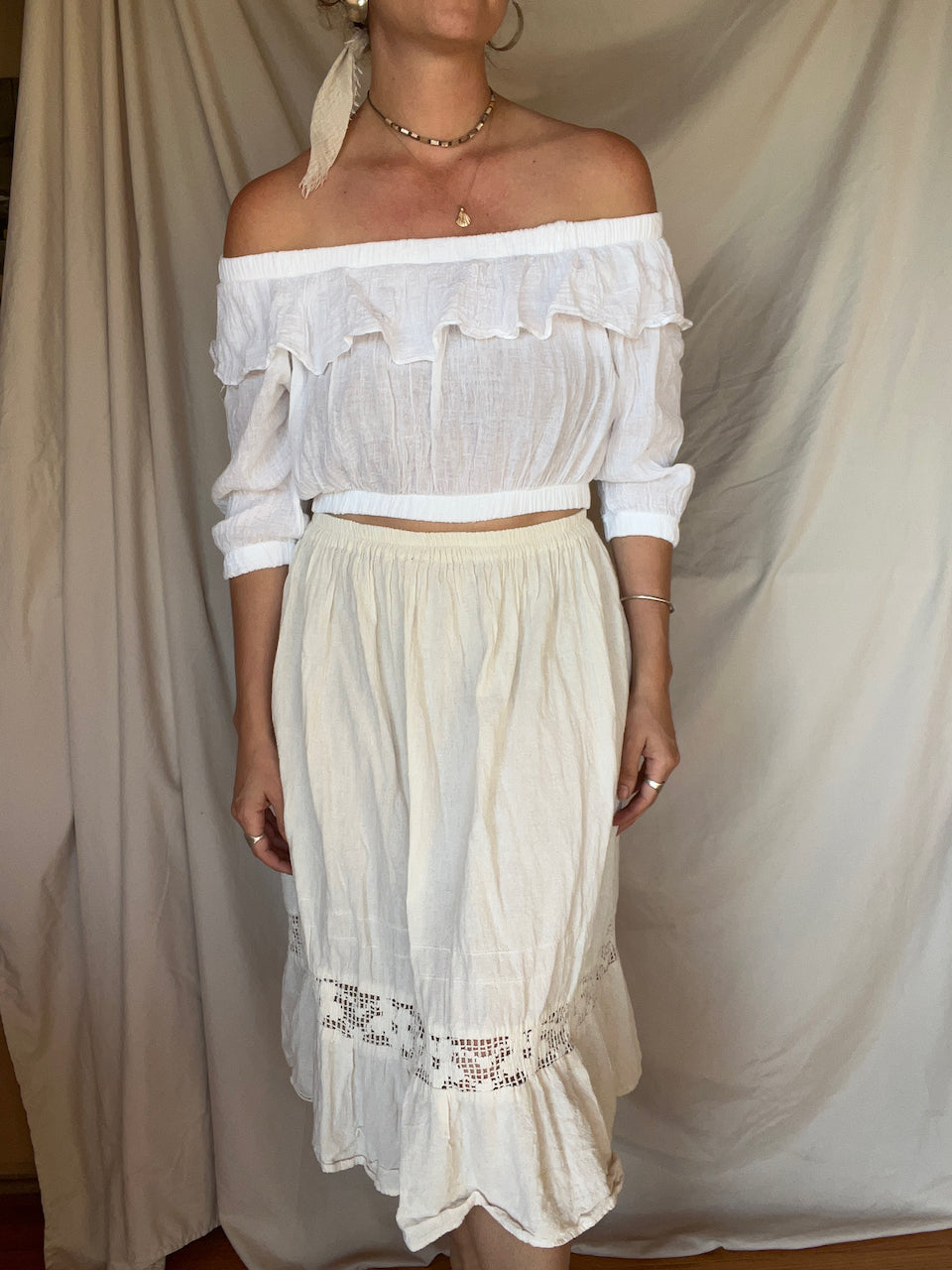 Vintage Ivory Mexican Cotton Midi Skirt