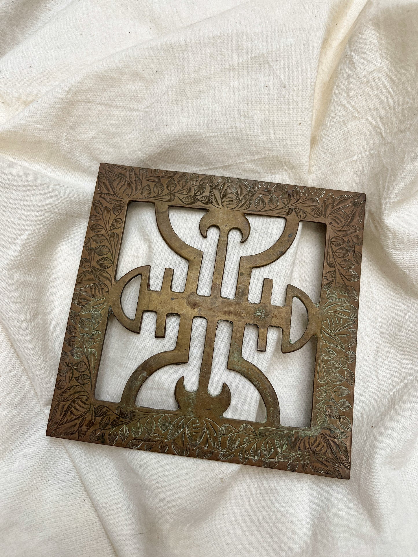 Vintage Etched Brass Trivet