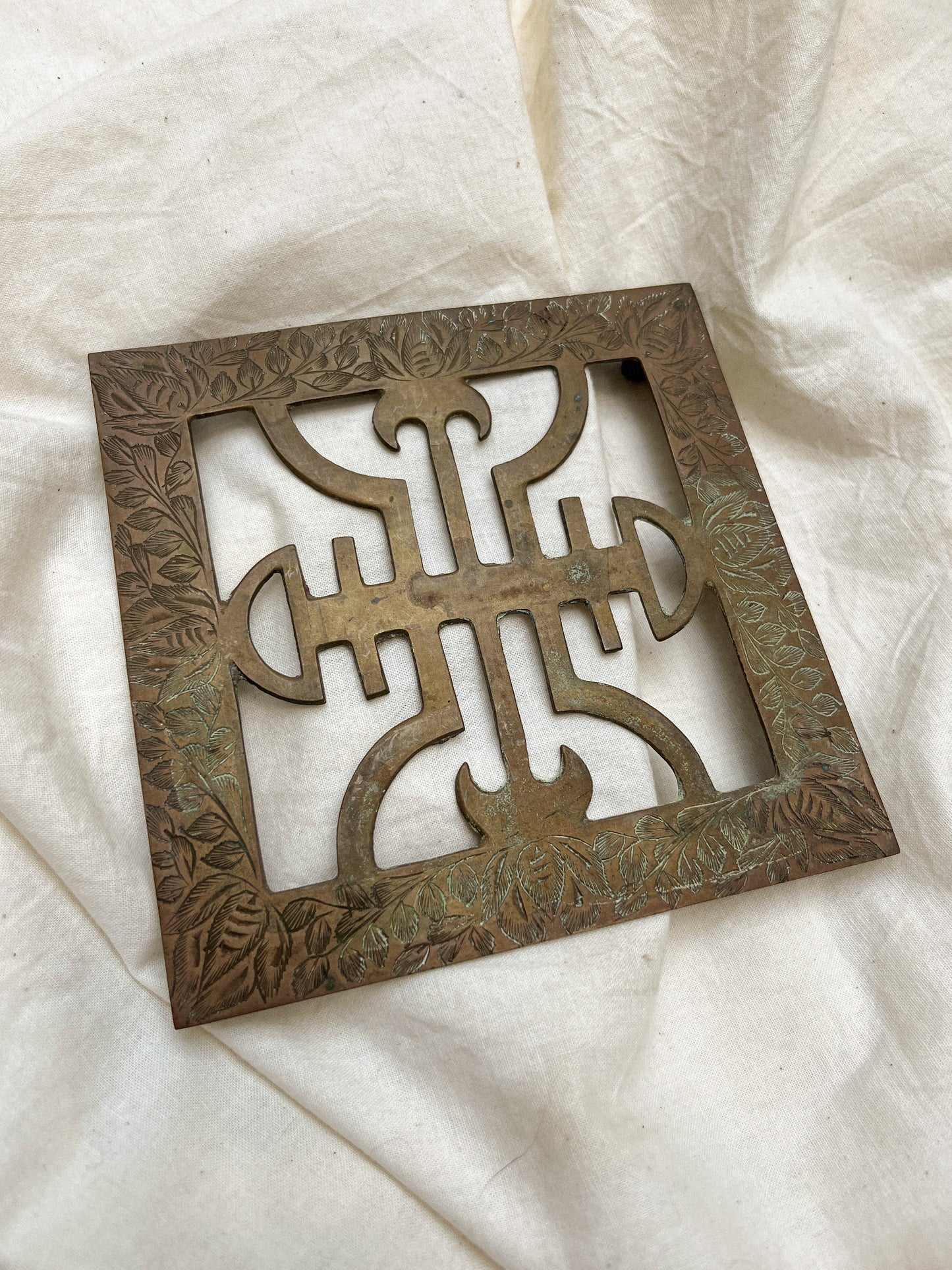Vintage Etched Brass Trivet