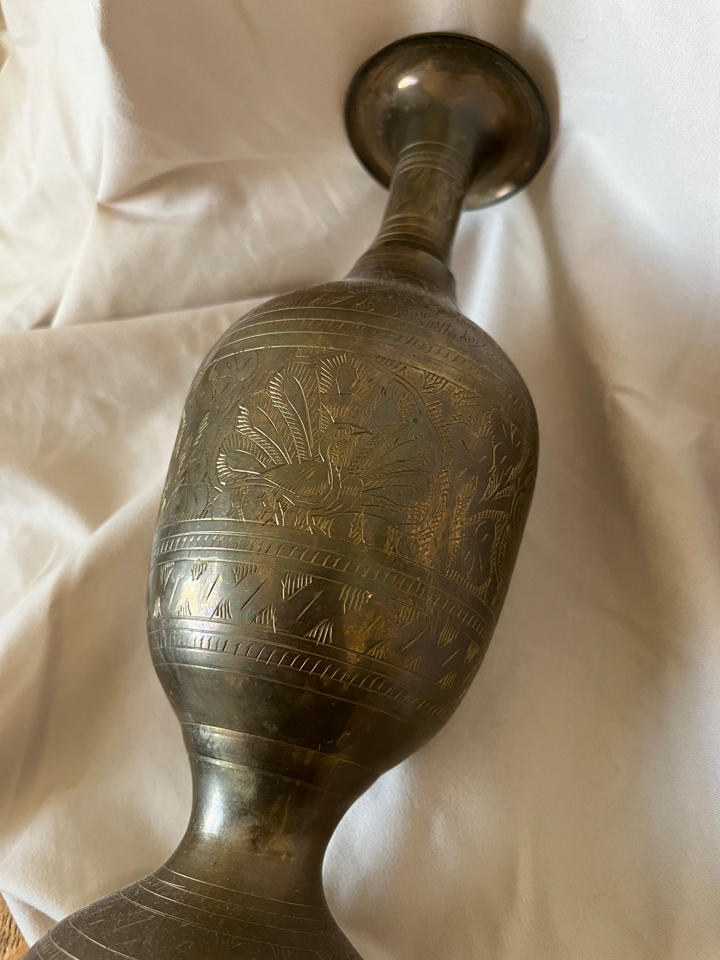 Peacock Etched Brass Vase