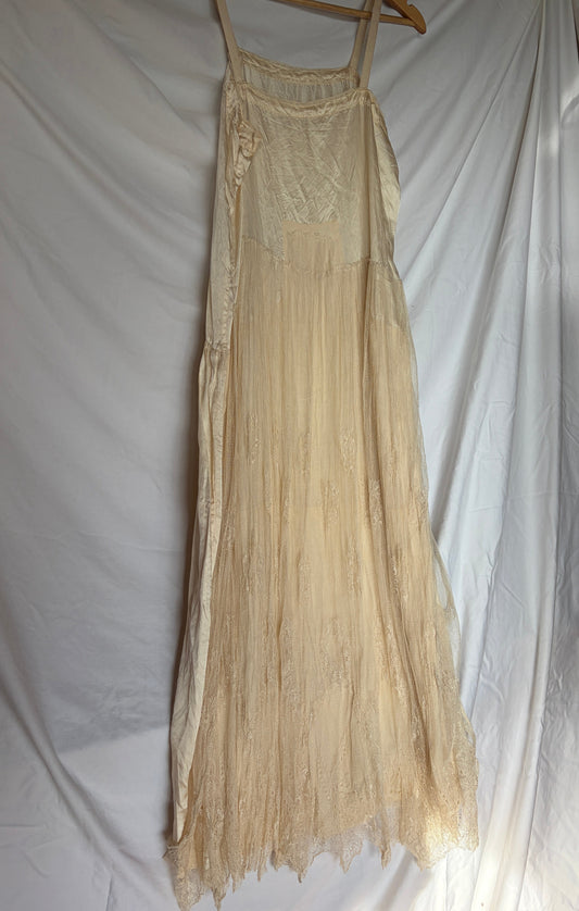 Antique Champagne Silk and Lace Slip Dress