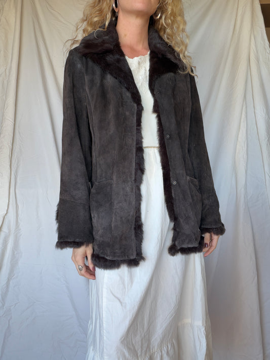 Vintage Espresso Suede Fur Trim Coat