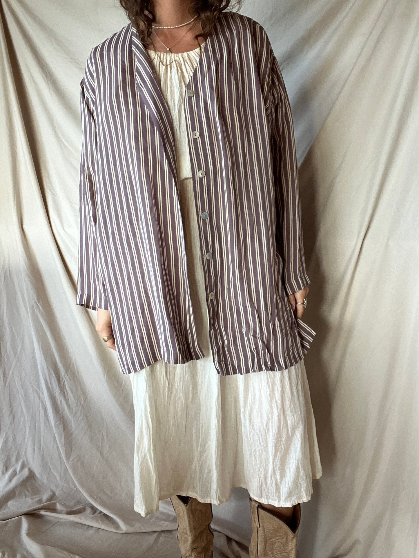 Dusty Violet and Cream Striped Silk Blouse