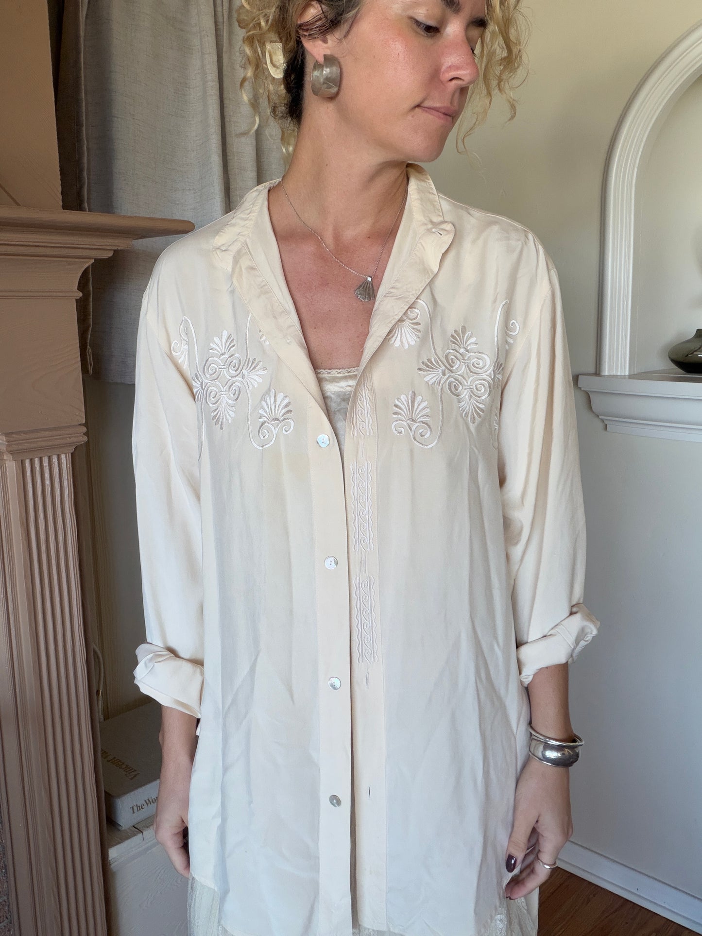 Vintage Cream Embroidered Silk Blouse