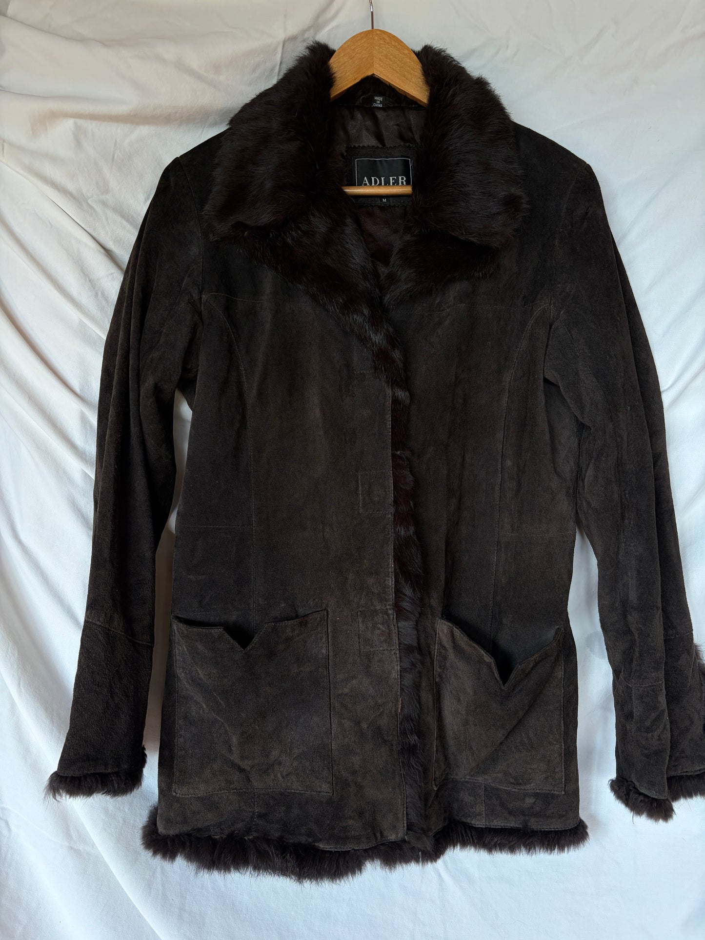 Vintage Espresso Suede Fur Trim Coat