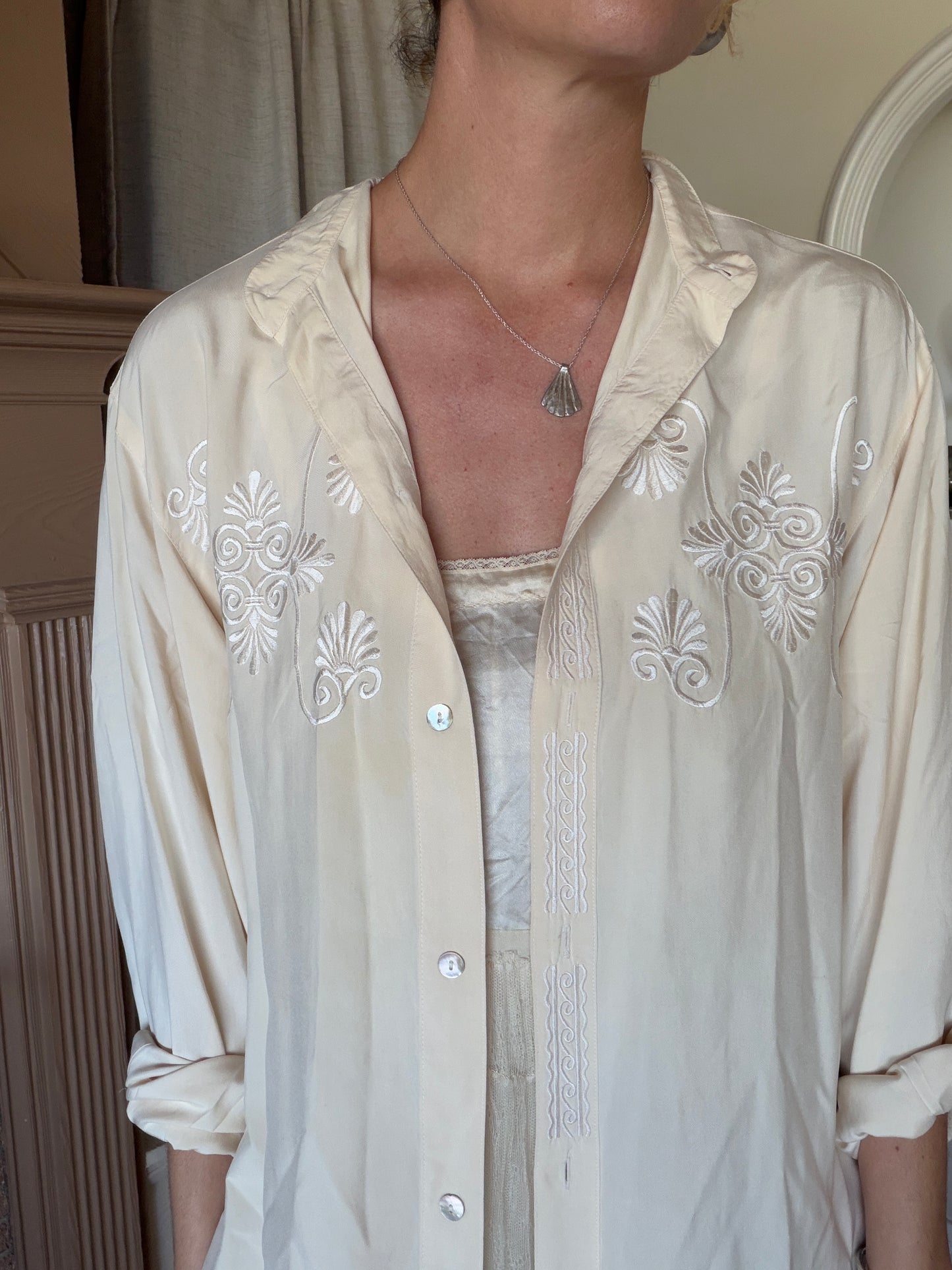 Vintage Cream Embroidered Silk Blouse