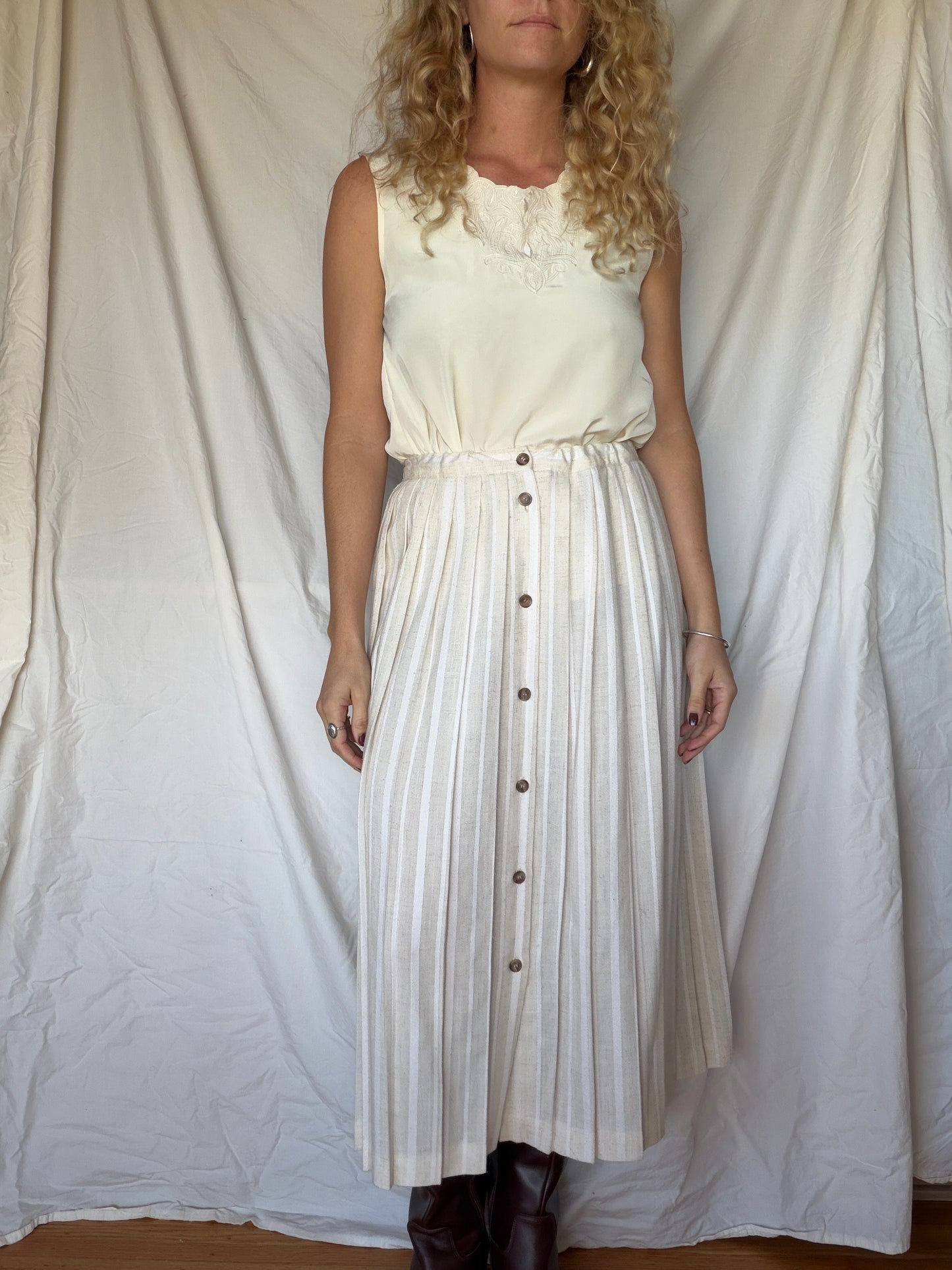 Vintage Striped Pleated Midi Skirt