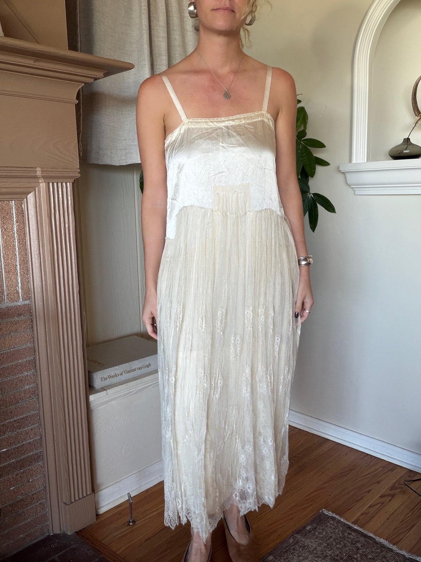 Antique Champagne Silk and Lace Slip Dress