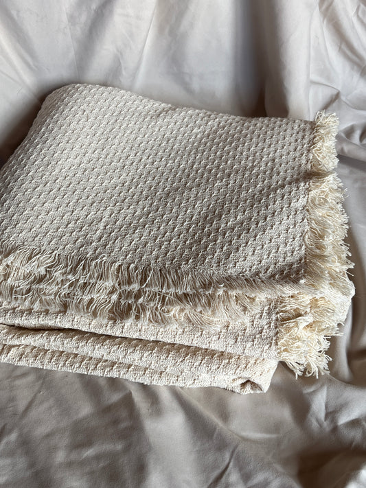 Vintage Ivory Woven Cotton Blanket