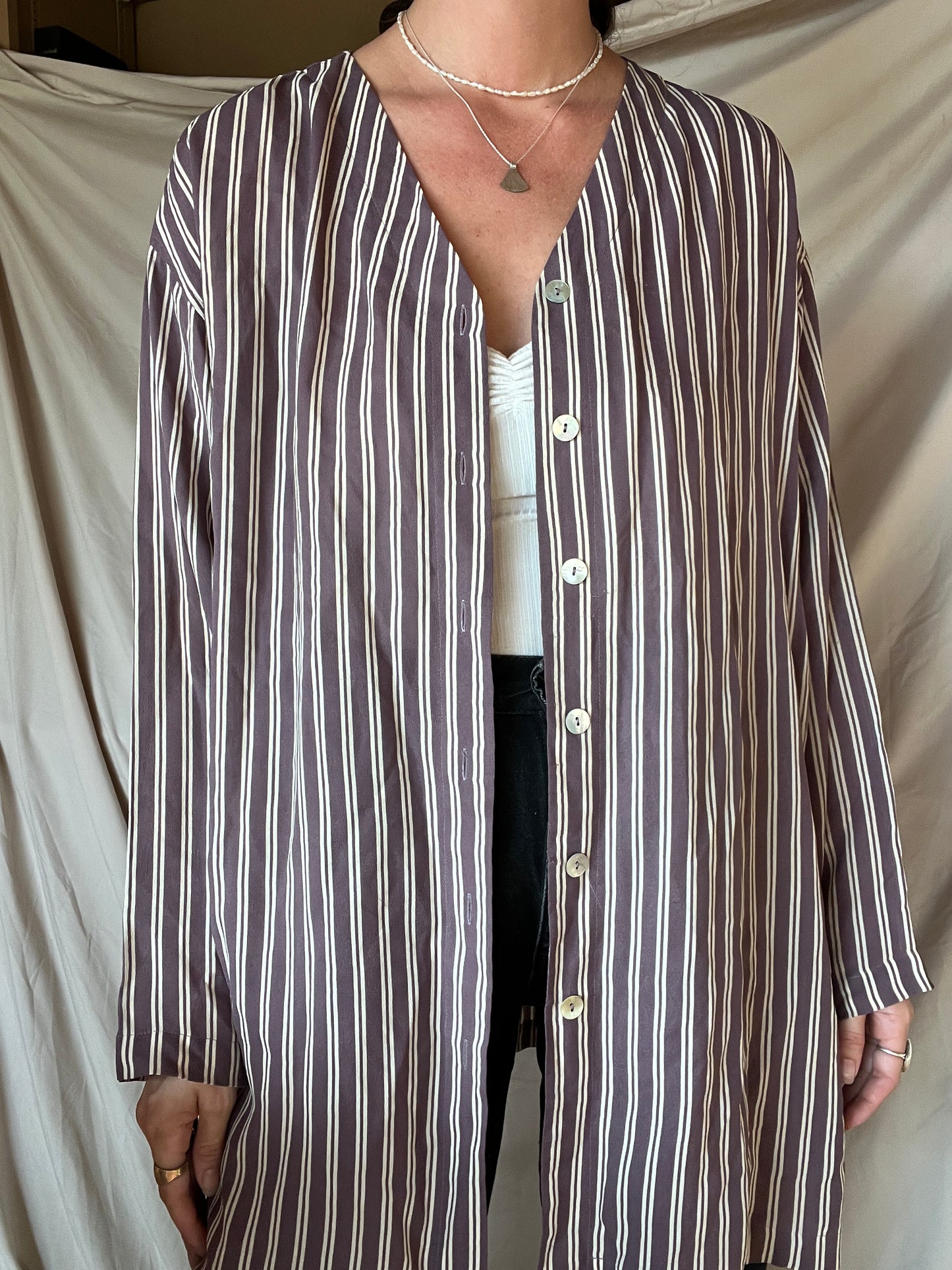 Dusty Violet and Cream Striped Silk Blouse