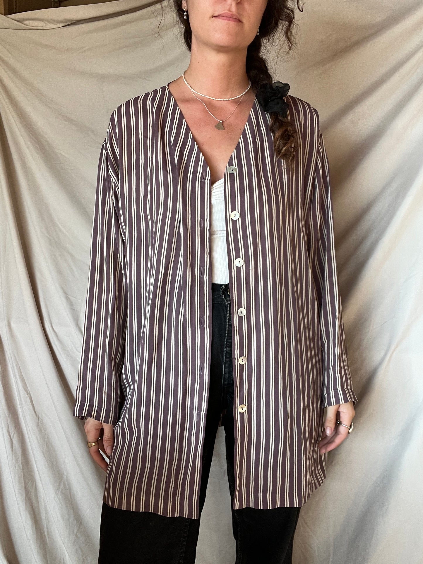 Dusty Violet and Cream Striped Silk Blouse