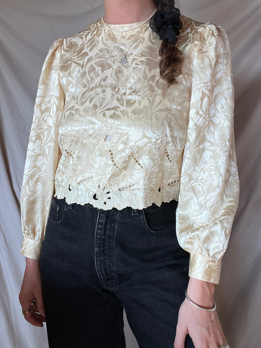 Vintage Floral Embroidered Silk Cream Blouse