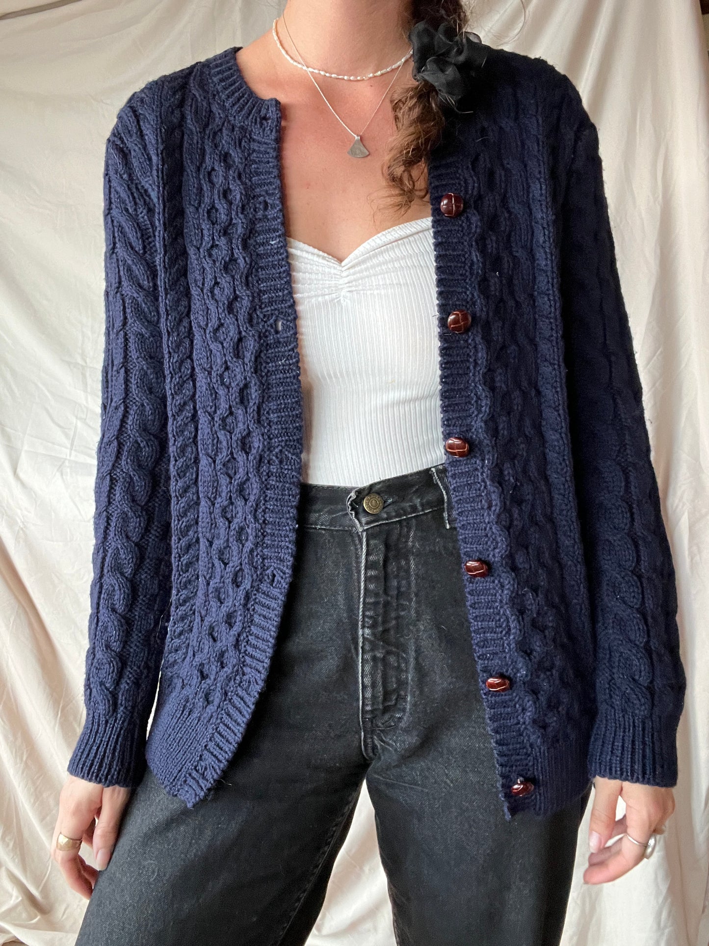 Vintage Merino Wool Navy Cable-knit Cardigan