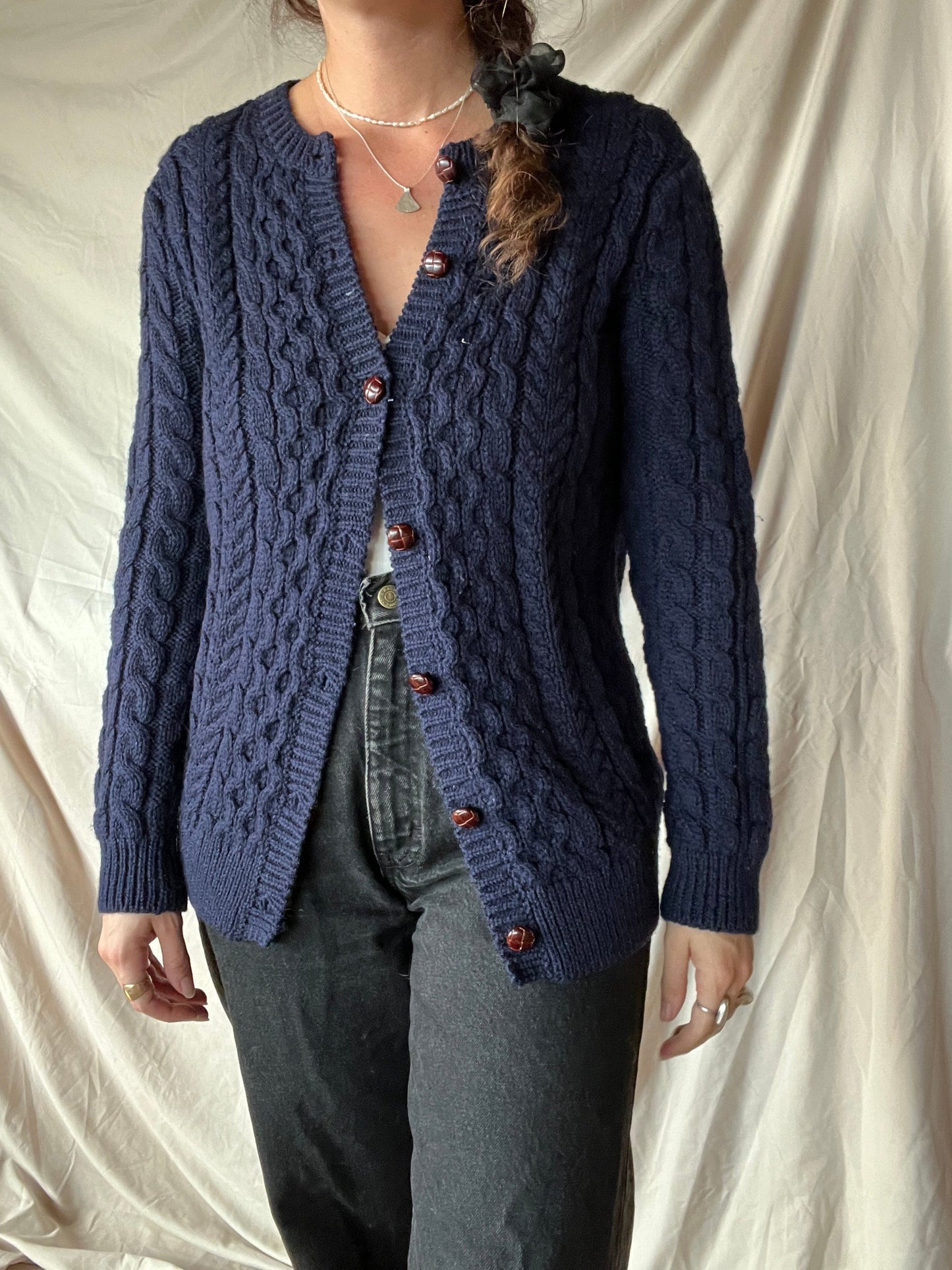 Vintage Merino Wool Navy Cable-knit Cardigan