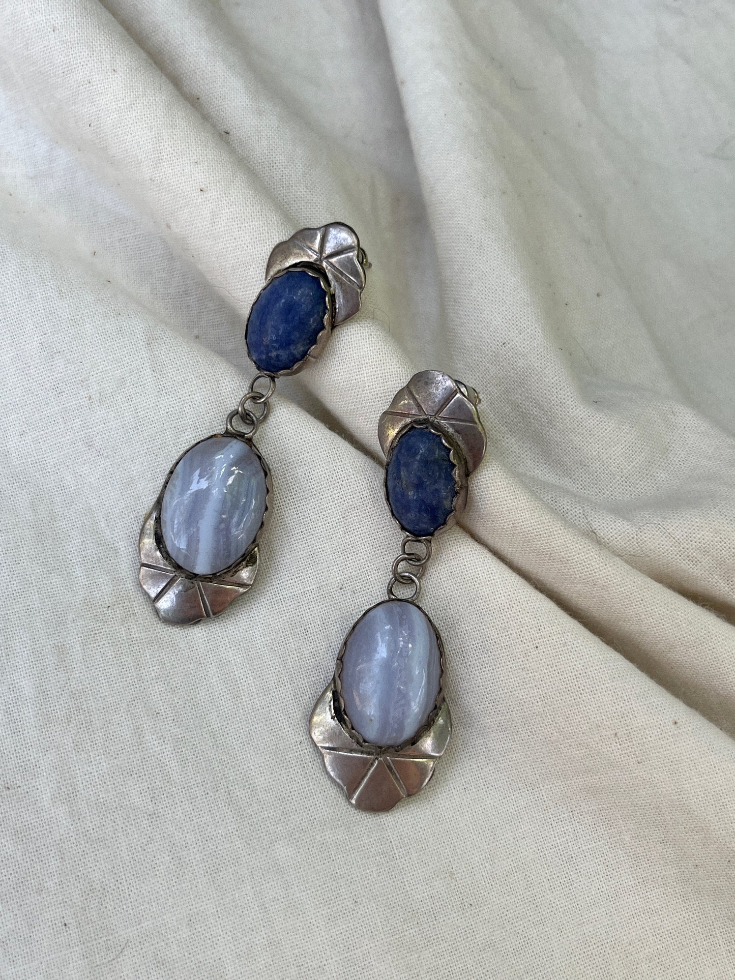 Signed Vintage Navajo Blue Lace Agate and Sodalite Drop Earrings