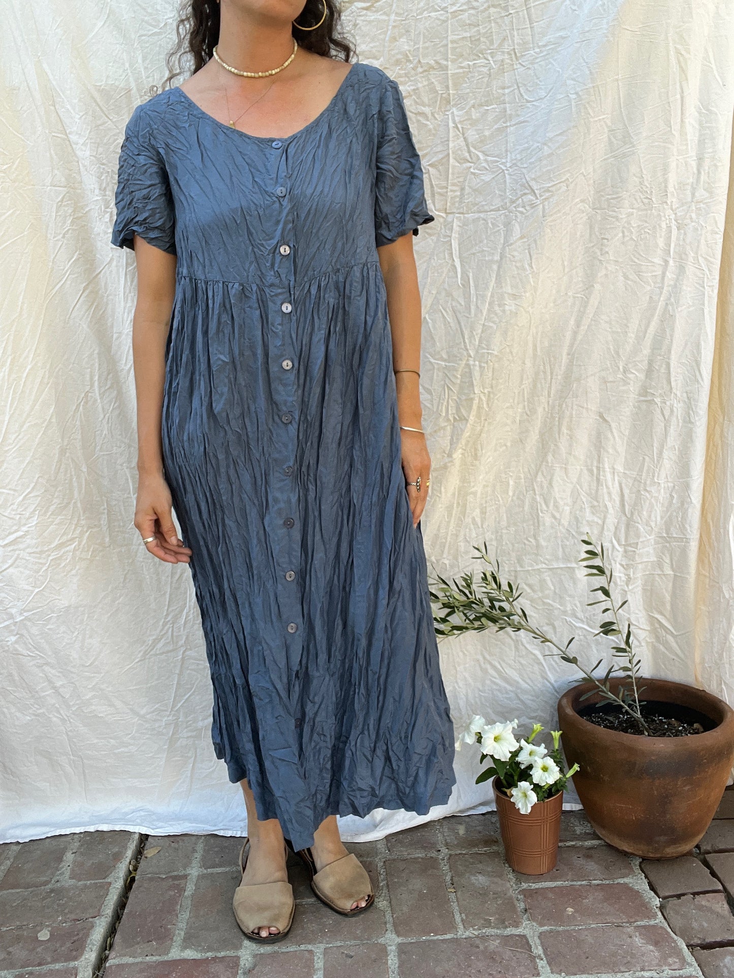 Dusty Blue Crinkled Silk Maxi Dress