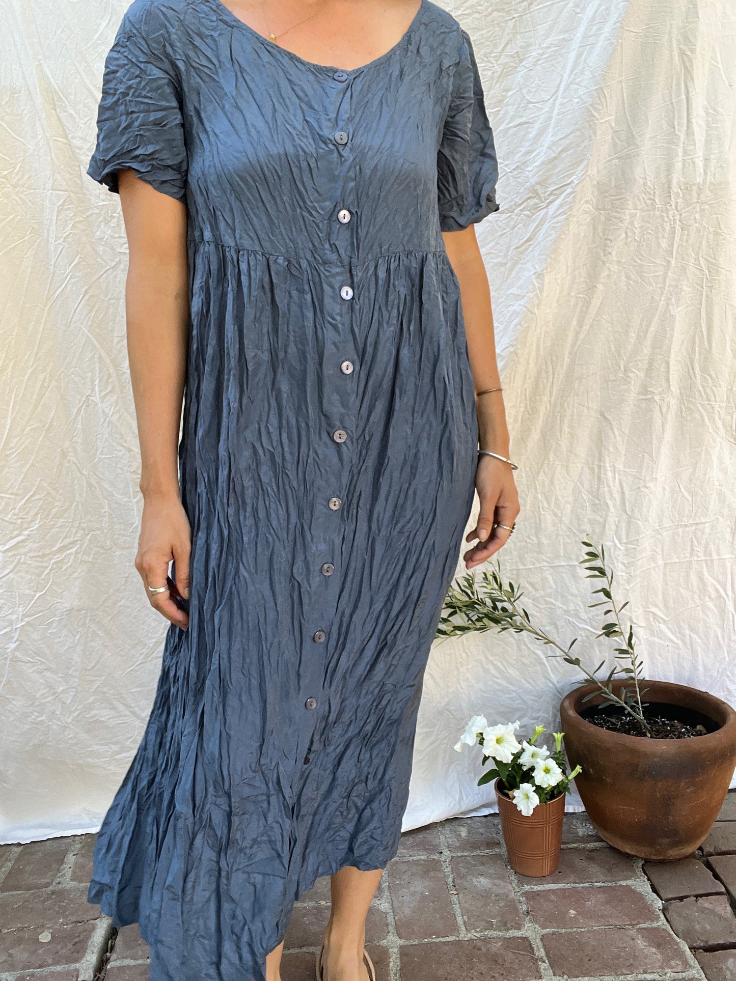 Dusty Blue Crinkled Silk Maxi Dress