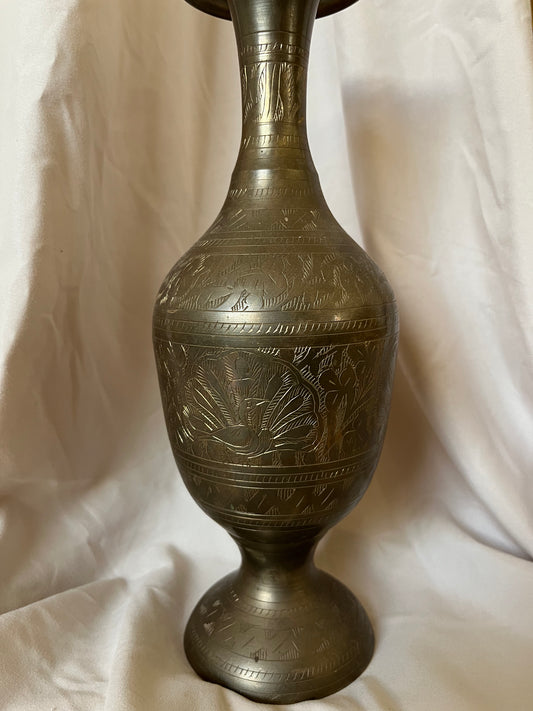 Peacock Etched Brass Vase